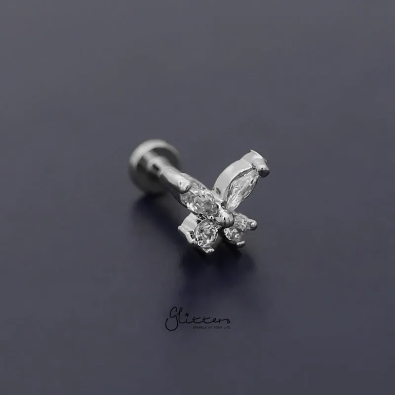 Prong Set CZ Butterfly Tragus Cartilage Barbell Stud - Clear