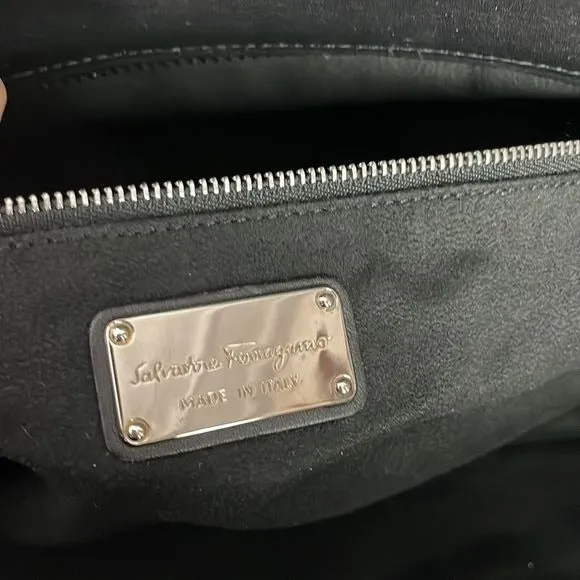 SALVATOREFERRAGAMOLARGE BLACK LEATHER AND GREY SNAKE BAG
